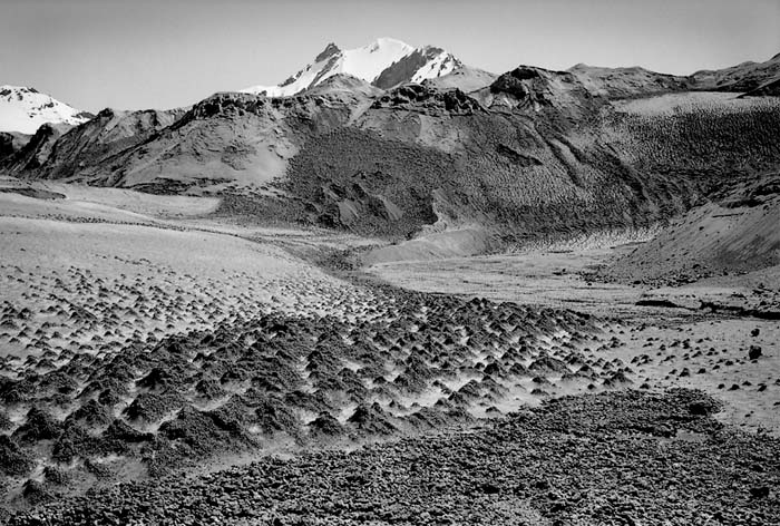 Conical pyramids of snow along the upper Knife Creek drainage, 2002.  (© Gary Freeburg)